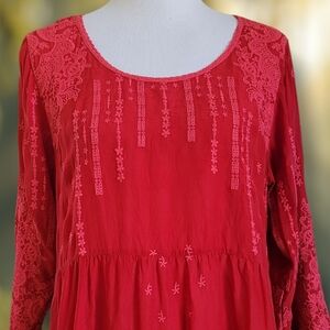Johnny Was Red Embroidered Floral Cupra Rayon Tunic M